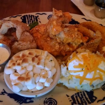 FD's Grillhouse - Fds combo Firecracker chicken tenders fried shrimp and fried catfish with loaded mashed potatoes and sweet potatoe casserole - American Near Me - Springfield, Missouri