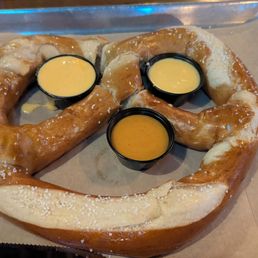 Giant pretzel hot, soft, unique cheese dip! Giant pretzel hot, soft, unique cheese dip!