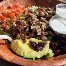 Steak salad with no blue cheese and dressing on the side Steak salad with no blue cheese and dressing on the side