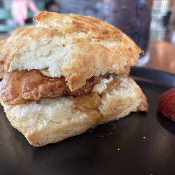 Belties - The Nelson - fried chicken biscuit with Duke's mayo, pickles, and hot honey - Coffee Roasteries Near Me - Nellysford, Virginia