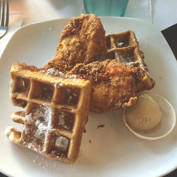 Dame's Chicken & Waffles - quilted buttercup- chicken cutlet, two petite sweet potato waffles, maple-pecan shmear - Southern Near Me - Durham, North Carolina Dame's Chicken & Waffles - quilted buttercup- chicken cutlet, two petite sweet potato waffles, maple-pecan shmear - Southern Near Me - Durham, North Carolina