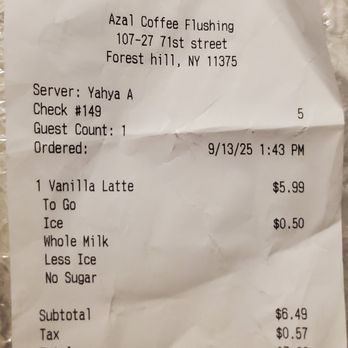 Azal Coffee - Receipt - Coffee & Tea Near Me - Forest Hills, New York