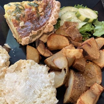 The Blue Hen Cafe - Blue crab quiche with home fries, and a yummy biscuit, - Southern Near Me - Saint Augustine, Florida