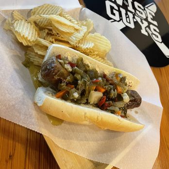 Wise Guys Downtown - two hotdogs with pickles and chips - Italian Near Me - Huntington, Indiana