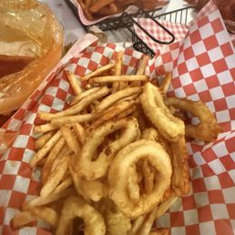 Sweet potato fries in back Sweet potato fries in back