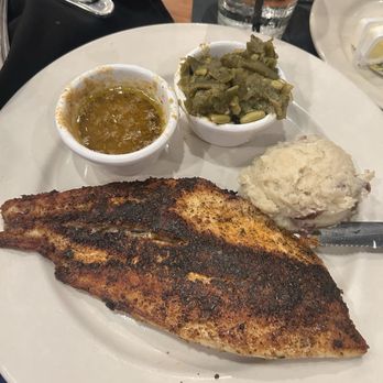 Grapevine Cafe and Gallery - Blackened Red fish with garlic butter sauce, green beans & smashed potatoes - Cajun/Creole Near Me - Donaldsonville, Louisiana