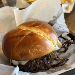 Brave The Flames - BTF Famous Onion Smash Burger ($14.35) and French Fries Basket ($8.20)