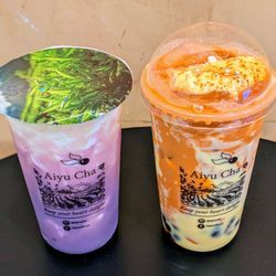 Aiyu Cha - Twilight Taro Milk w/ Sakura Crystal Boba, and Crème Brûlée Thai Tea w/ Honey Boba