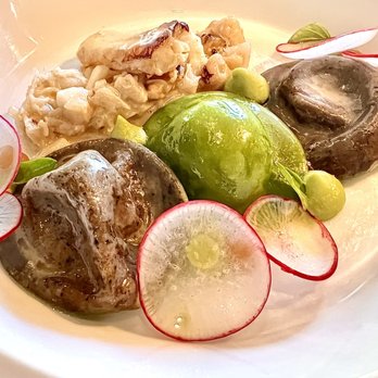 Chez TJ - Ravioli with black truffle, nettle, peas, and ricotta. Dungeness crab with preserved lemon. Shaved radish. - French Near Me - Mountain View, California