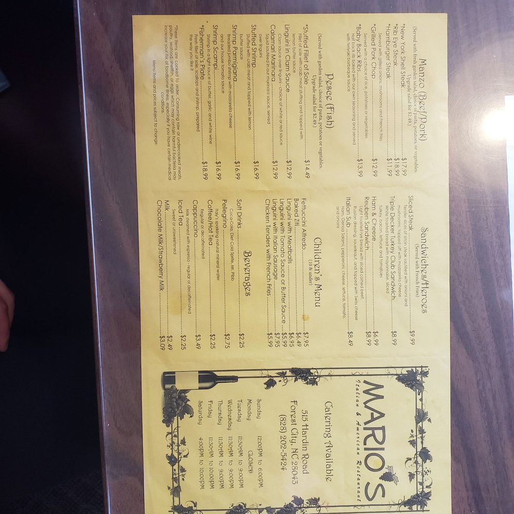 Mario's Restaurant - Front Menu - Italian Near Me - Forest City, North Carolina Mario's Restaurant - Front Menu - Italian Near Me - Forest City, North Carolina
