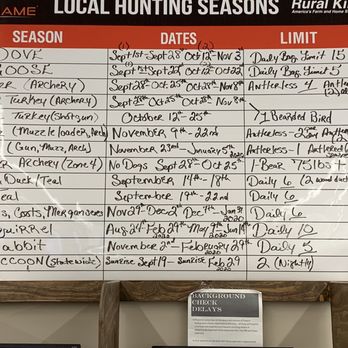 Rural King - a list of local hunting season dates - Farming Equipment Near Me - Crossville, Tennessee