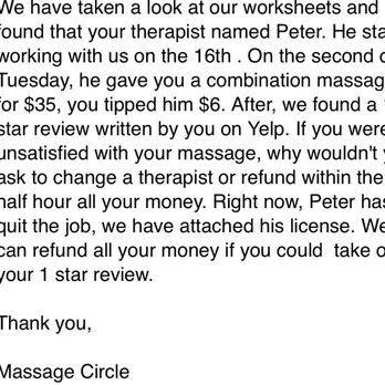 Massage Circle - Screen shot of them stating I will only get a refund if I delete my 1 Star review. - Massage Near Me - Orange, California