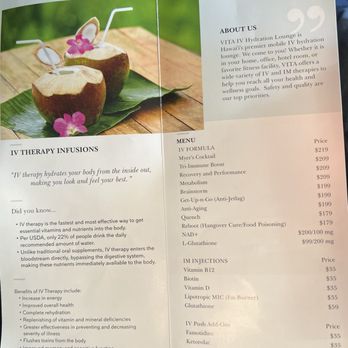 Vita IV Hydration Lounge - Brochure Menu of Services - IV Hydration Near Me - Hilo, Hawaii