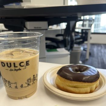 Cafe Dulce - Dulce Latte & Chocolate creamy donut (with chocolate ganache topping and vanilla custard) - Coffee & Tea Near Me - Los Angeles, California Cafe Dulce - Dulce Latte & Chocolate creamy donut (with chocolate ganache topping and vanilla custard) - Coffee & Tea Near Me - Los Angeles, California