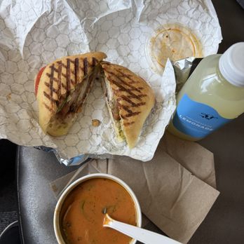 Mendocino Farms - Prosciutto Chicken Sandwich, Tamato-Basil Soup and Lemonade. - Salad Near Me - Seattle, Washington Mendocino Farms - Prosciutto Chicken Sandwich, Tamato-Basil Soup and Lemonade. - Salad Near Me - Seattle, Washington