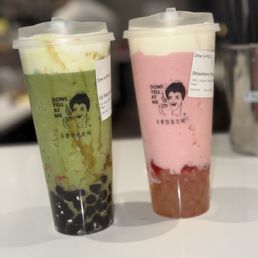 Uji Matcha (added brown sugar boba)  Strawberry smoothie (added honey boba)