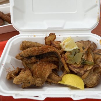 Saltbox Seafood Joint - Flounder plate with fried potatoes. Honey hush puppies. - Seafood Near Me - Durham, North Carolina Saltbox Seafood Joint - Flounder plate with fried potatoes. Honey hush puppies. - Seafood Near Me - Durham, North Carolina