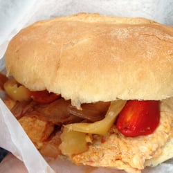 Viena Do Castelo - bifana - pork sandwich with caramelized onions, banana peppers and hot sauce for only $3!