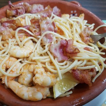 Playball Sports Cafe - Added soft cooked bacon to dish of pasta and shrimp with garlic and oil. - Restaurants Near Me - Newark, New Jersey