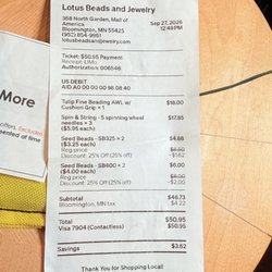 Lotus Beads and Jewelry - Receipt showing I met with the minimum purchase.