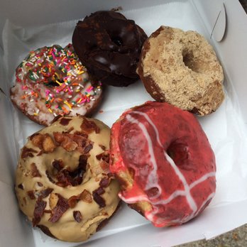 PVDonuts - Clockwise: chocolate glazed OF, pumpkin OF, strawberry lime brioche, maple bacon brioche, vanilla OF - Donuts Near Me - Providence, Rhode Island