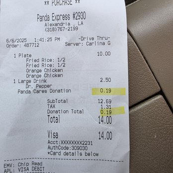 Panda Express - Receipt showing fraudulent donation - Chinese Near Me - Alexandria, Louisiana