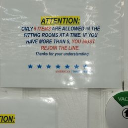 They pointed to this sign. I guess they don't want to make money. You will buy less if you can't try on many items. They pointed to this sign. I guess they don't want to make money. You will buy less if you can't try on many items.