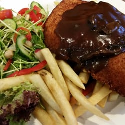 Hotel Victor - Chicken schnitzel with mushroom gravy with chips and a great salad.