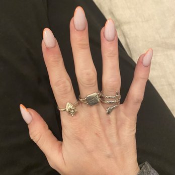 Spa Blue - SNS extensions. Color 430 (pink) with nail line art - Nail Salons Near Me - New York, New York