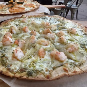 Mizza - Shrimp and pesto pizza on cauliflower crust. Pesto was excellent. Crust excellent. Didn't love the soggy onions. - Italian Near Me - Santa Barbara, California Mizza - Shrimp and pesto pizza on cauliflower crust. Pesto was excellent. Crust excellent. Didn't love the soggy onions. - Italian Near Me - Santa Barbara, California