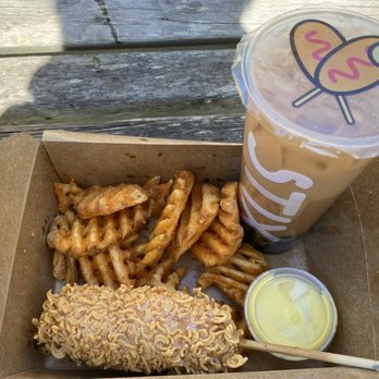 STIX - Ramendog w/ Waffle Fries & Coffee Milk Tea (with Oat Milk & boba) - Hot Dogs Near Me - San Francisco, California STIX - Ramendog w/ Waffle Fries & Coffee Milk Tea (with Oat Milk & boba) - Hot Dogs Near Me - San Francisco, California