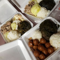 Mix plate: Kalua pork cabbage, Pork laulau, mac salad, 2 scoop rice. Mix plate: Pork laulau, Teri meatballs, 2 scoop rice.