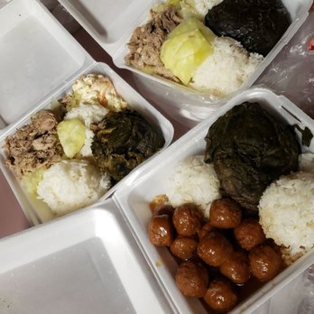Miki's - Mix plate: Kalua pork cabbage, Pork laulau, mac salad, 2 scoop rice. Mix plate: Pork laulau, Teri meatballs, 2 scoop rice. - Hawaiian Near Me - Pearl City, Hawaii