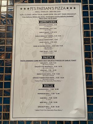 Menu photo 2 PJ's Paesan's Pizza Huntington, IN Menu photo 2 PJ's Paesan's Pizza Huntington, IN
