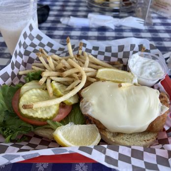The Black Cat Tavern - Fried Cod Melt with fries - Seafood Near Me - Hyannis, Massachusetts
