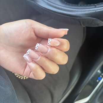 Trendy Nails & Spa - Square baby pink French with dark brown polka dots - Nail Salons Near Me - Anaheim, California Trendy Nails & Spa - Square baby pink French with dark brown polka dots - Nail Salons Near Me - Anaheim, California