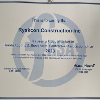 Ryskcon Construction & Roofing - certificate - General Contractors Near Me - Palm Coast, Florida Ryskcon Construction & Roofing - certificate - General Contractors Near Me - Palm Coast, Florida