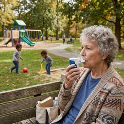 Lady at park using her Neb-Go to take her respiratory medications while the kids play
