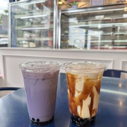 JJ’s Cafe - L-R taro bubble tea, dirty milk tea.