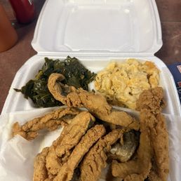 Whiting Platter with baked Macaroni & Cheese and Collard Greens Whiting Platter with baked Macaroni & Cheese and Collard Greens