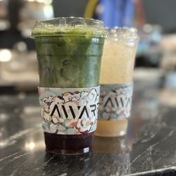Aware Coffee - Iced berry matcha latte and yuzu lychee spritzer