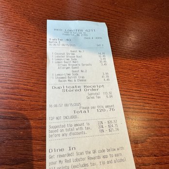 Red Lobster - Waste of money bill charging significantly too much for disgusting food - Seafood Near Me - Frederick, Maryland