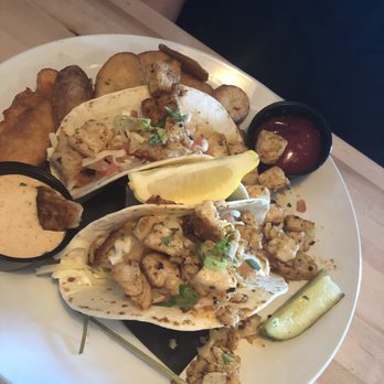 Oceans & Ale - Fish Tacos with fries (thick homemade chips) - Seafood Near Me - Williamsburg, Virginia Oceans & Ale - Fish Tacos with fries (thick homemade chips) - Seafood Near Me - Williamsburg, Virginia