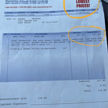 Summit Racing - Receipt - Auto Parts & Supplies Near Me - Arlington, Texas