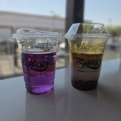 Tsoko Cafe - Butterfly Pea Flower with peach flavor, House Brown Sugar Boba (left to right)