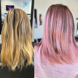 In Vision Hair Design - Blonde and unhealthy hair on the left. After a toner service our friend left with the PINK healthy hair she wanted!