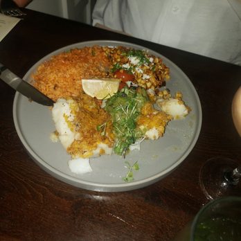Havana - Fish (Cod) crusted with plantains; corn and sofrito rice - Cuban Near Me - Walnut Creek, California Havana - Fish (Cod) crusted with plantains; corn and sofrito rice - Cuban Near Me - Walnut Creek, California