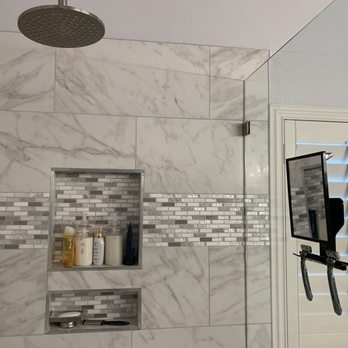 Flooring Showroom Home Design Center - Tile, soap boxes, and glass in master shower. - Flooring Near Me - Temecula, California