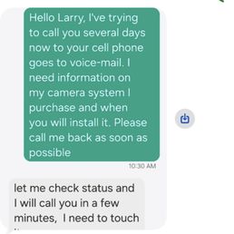 Text to service manager Larry on 3/4, it is now 3/8 and no call back.