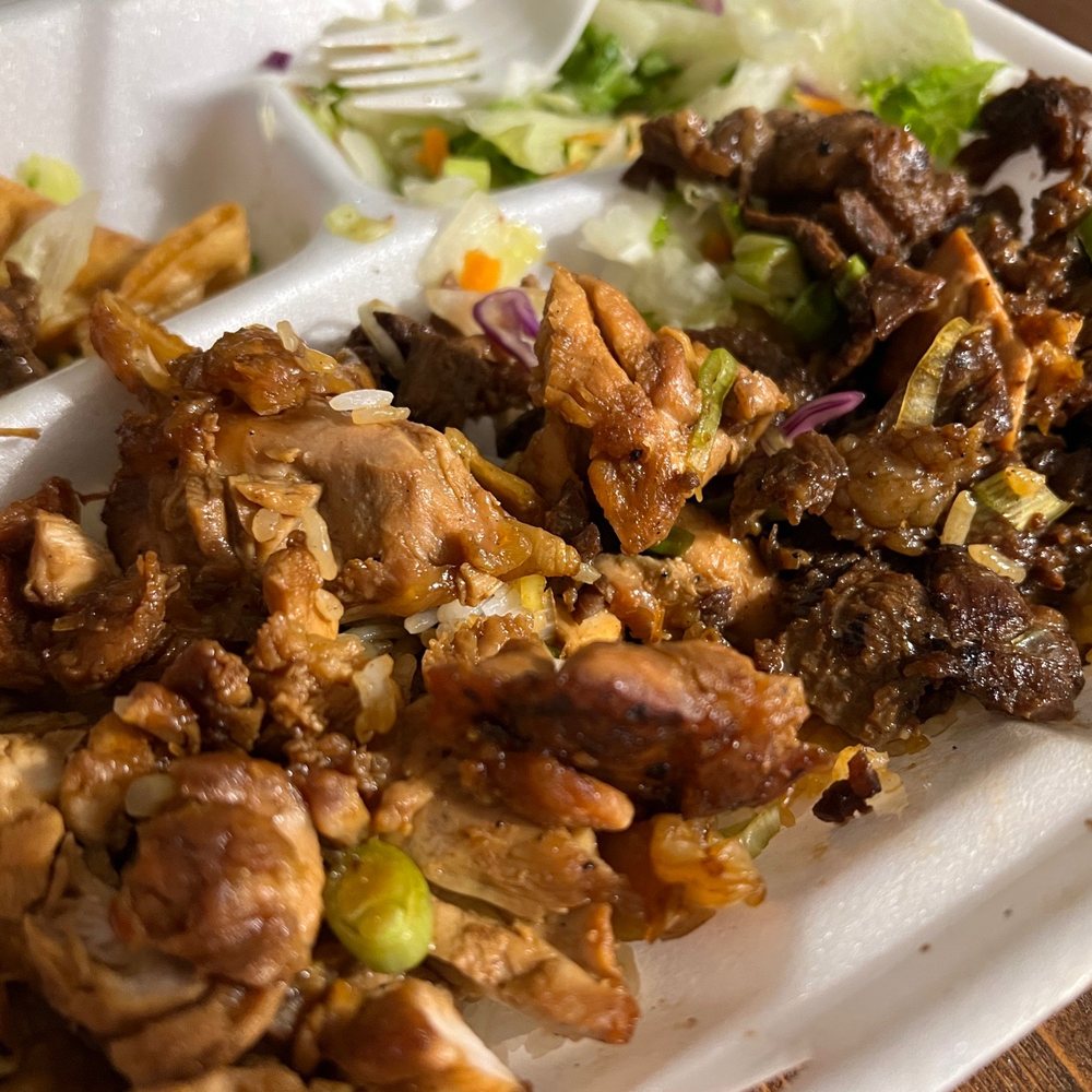 Mos No 2 - Chicken and Beef Combination Plate (took this pic after I had already started eating..) - Barbeque Near Me - Anaheim, California Mos No 2 - Chicken and Beef Combination Plate (took this pic after I had already started eating..) - Barbeque Near Me - Anaheim, California